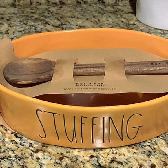 Rae Dunn 2 Piece Ceramic Oval Baking Dish "Stuffing" with Wooden Spoon Set - Picture 2 of 2